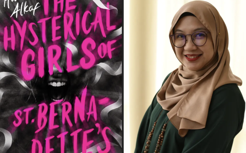 On the left is the cover of the book The Hysterical Girls of St. Bernadette's. At the center of the black-and-white cover is an open mouth, clearly screaming. White bandages or ribbons stream out from the mouth chaotically, like they've been blasted by the force of the person's scream. The title is written in all caps, in bright pink paint, across the cover so it centers the screaming mouth. On the right is the author. Young woman wearing round wire glasses and a big smile. She has a beige silky headscarf on and a dark green silky blouse or dress. She also has on a long triple strand brown beaded necklace.